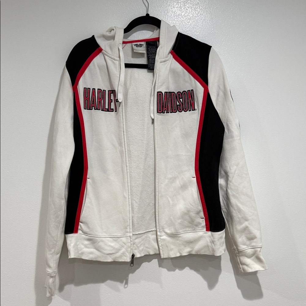 Harley-Davidson Women's Black and White hooded zip-up Jacket with Red Trim